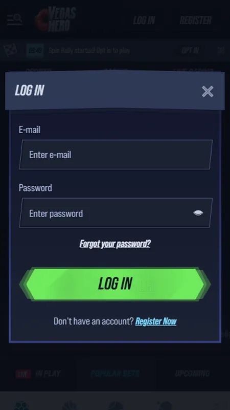 Vegas Hero login screen