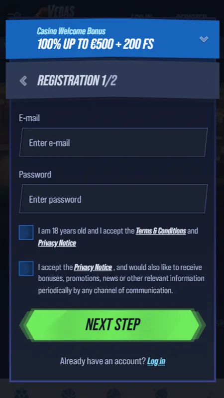 Vegas Hero registration form