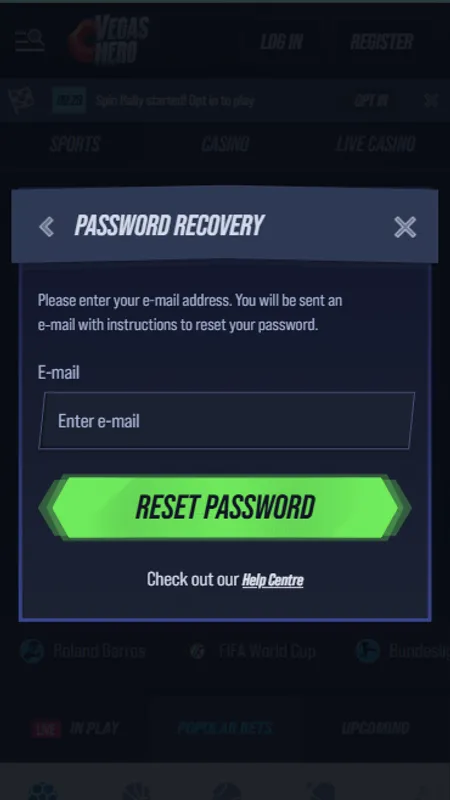 Vegas Hero password reset screen